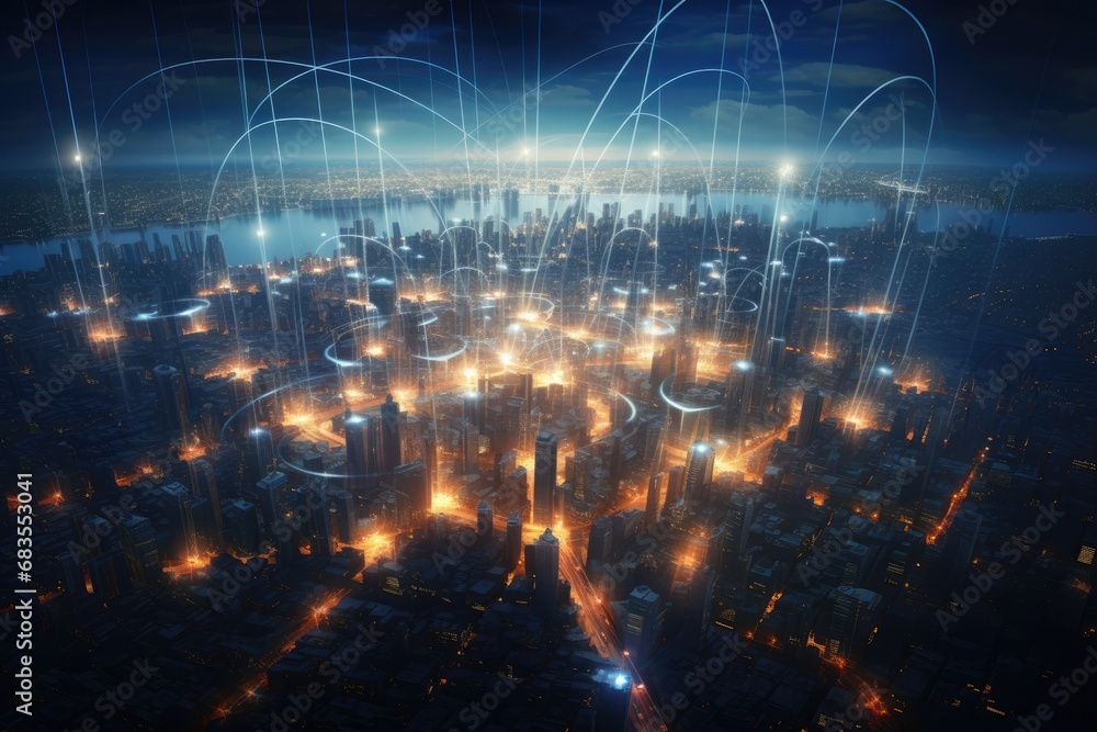 aerial cityscape at dusk, glowing with the pulse of connectivity and life aerial cityscape at dusk, glowing with the pulse of connectivity and life