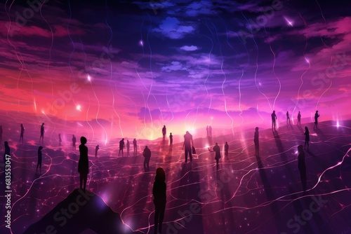 Silhouetted figures stand connected by glowing lines against a vibrant techno sunset