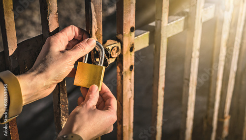 a man opening a padlock and removing the security to enter or leave the premises