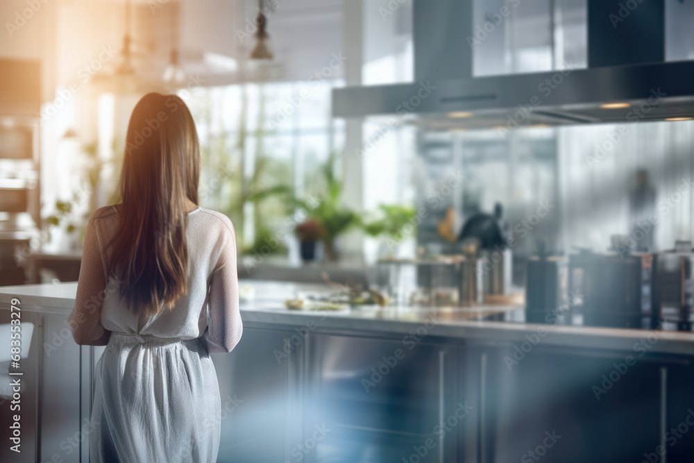 A woman, clad in a white blouse and dress, gazes down at her culinary creation in the kitchen, captivated by the art of cooking and food preparation. A woman, clad in a white blouse and dress, gazes down at her culinary creation in the kitchen, captivated by the art of cooking and food preparation.