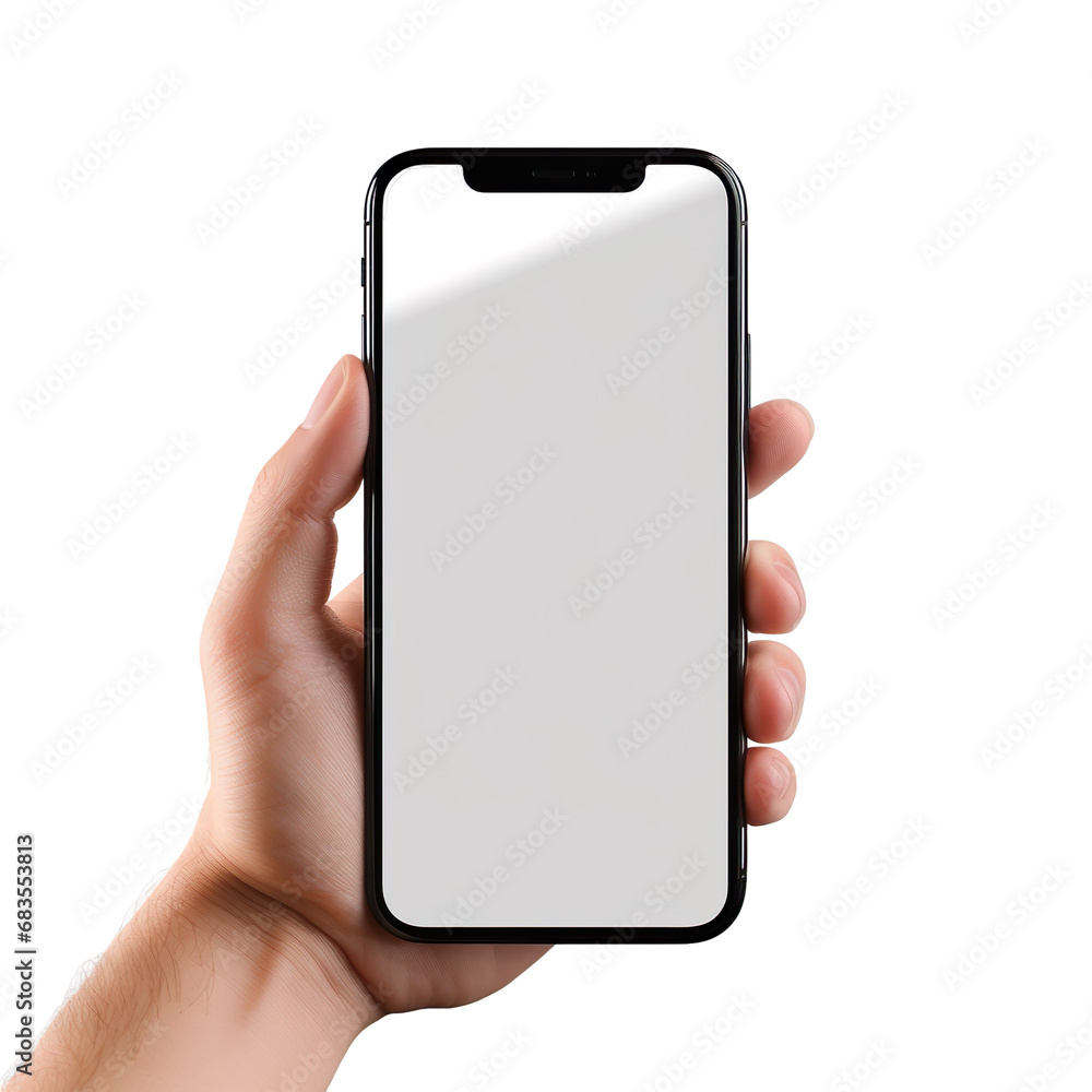 Hand holding a smartphone. Transparent mobile screen mockup. No background. - Generative AI Hand holding a smartphone. Transparent mobile screen mockup. No background. - Generative AI