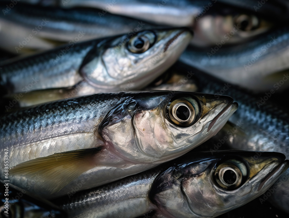 Several fresh raw uncut Atlantic herring on ice. Wild, caught in the ocean or sea fish. Counter of supermarket or seafood market. Whole fresh atlantic herring fish on shelf or stall in local market Several fresh raw uncut Atlantic herring on ice. Wild, caught in the ocean or sea fish. Counter of supermarket or seafood market. Whole fresh atlantic herring fish on shelf or stall in local market