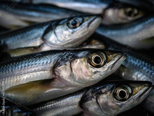 Several fresh raw uncut Atlantic herring on ice. Wild, caught in the ocean or sea fish. Counter of supermarket or seafood market. Whole fresh atlantic herring fish on shelf or stall in local market