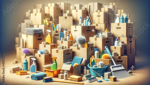 Move concept. Cardboard boxes and cleaning things for moving into a new home. Cardboard boxe background