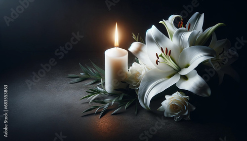 Beautiful lily and burning candle on dark background with space for text. Funeral white flowers
