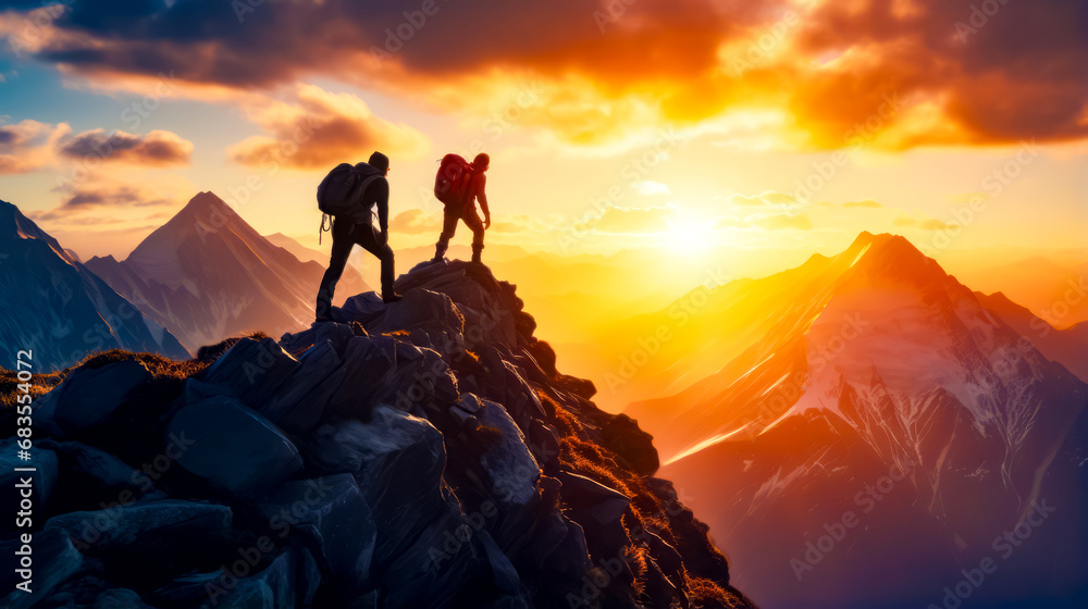 Fototapeta premium Couple of people standing on top of mountain with sunset in the background.