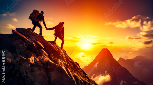 Two people climbing up mountain with the sun setting in the back ground. © OLHA