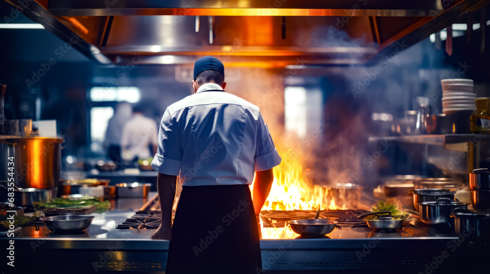 Chef standing in front of fire in kitchen with flames coming out of it. Chef standing in front of fire in kitchen with flames coming out of it.