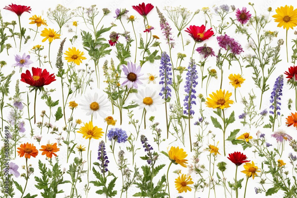Flower composition. Colorful wild flowers on a white background top view. Floral abstract background. Generative Ai Flower composition. Colorful wild flowers on a white background top view. Floral abstract background. Generative Ai
