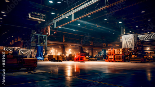 Large warehouse with lot of shelves and lot of lights on the ceiling. © OLHA