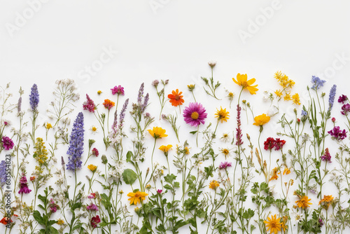Flower composition. Colorful wild flowers on a white background top view. Floral abstract background. Generative Ai