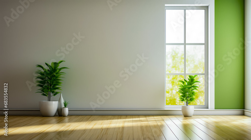 Room with large window and two potted plants on the floor.