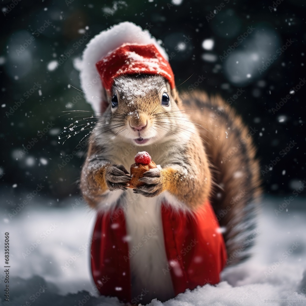 Cute squirrel red santa hat background snow postcard fluffy animals gift red winter photo Cute squirrel red santa hat background snow postcard fluffy animals gift red winter photo