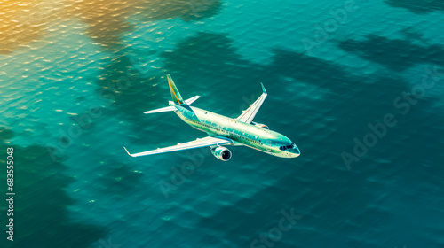 Large passenger jet flying over large body of water with sky background.