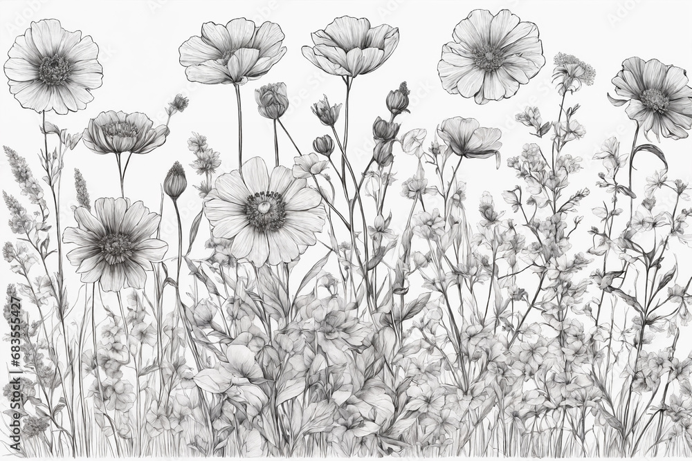 Naklejka premium Luxury botanical background with trendy wildflowers and minimalist flowers for wall decoration or wedding. Hand drawn line herb, elegant leaves for invitation save the date card. Generative Ai.