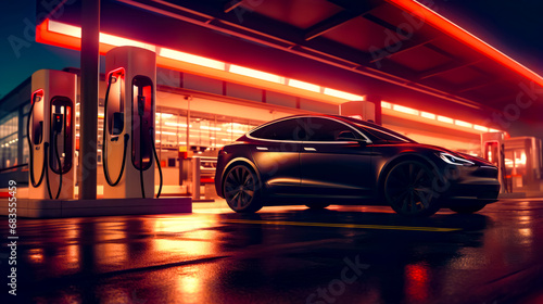 Electric car at gas station with red light in the background. © Kostya