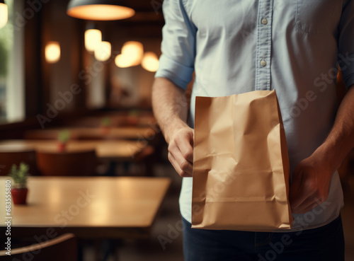 man holding paper bag in a restaurant, delivery and to go concept © sderbane