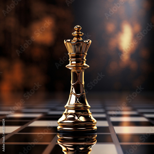 Luxurious 3D rendering of a chess piece depicting a reflective golden queen on a dark, moody background, conveying wealth, success, and strategic prowess in a game of chess.