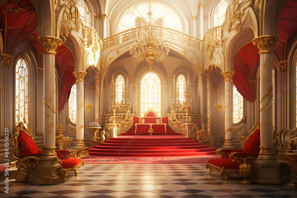 A realistic fantasy interior of the royal palace. gold and red palace. castle interior. Fiction Backdrop - obrazy, fototapety, plakaty 