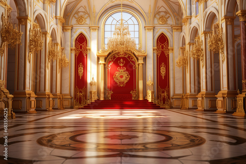 A realistic fantasy interior of the royal palace. gold and red palace. castle interior. Fiction Backdrop photo