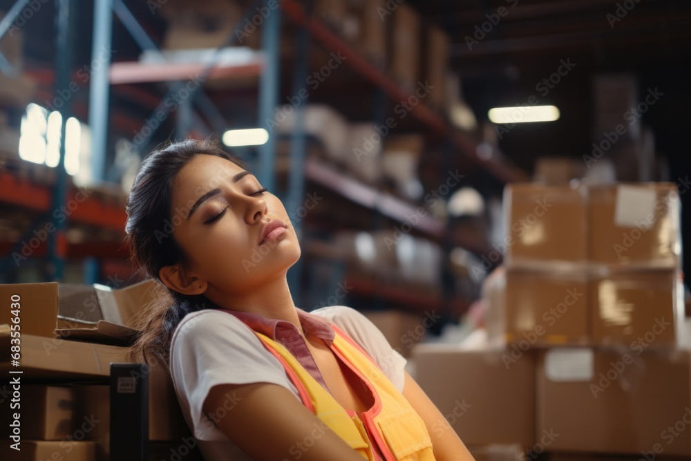 A tired female worker in a hot warehouse. Generative AI. A tired female worker in a hot warehouse. Generative AI.