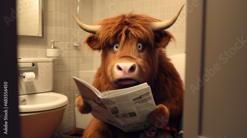 A cute highland cow sitting on a toilet seat, reading a newspaper in a minimalist bathroom. Generative AI. photo