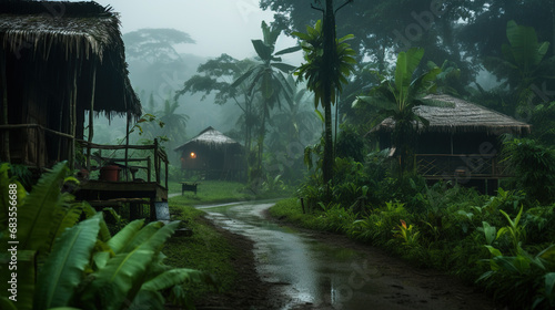 Blurred Green rain forest and huts on a rainy morning. A typical house in the Amazon jungle