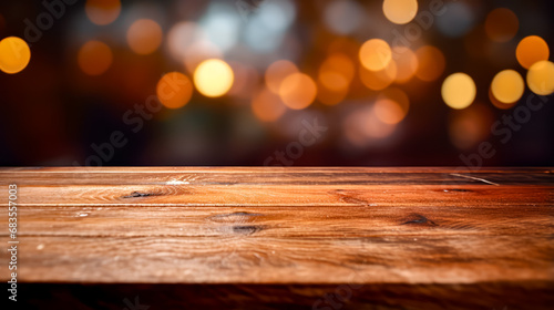 Wooden table top with blurry background of lights in the background.