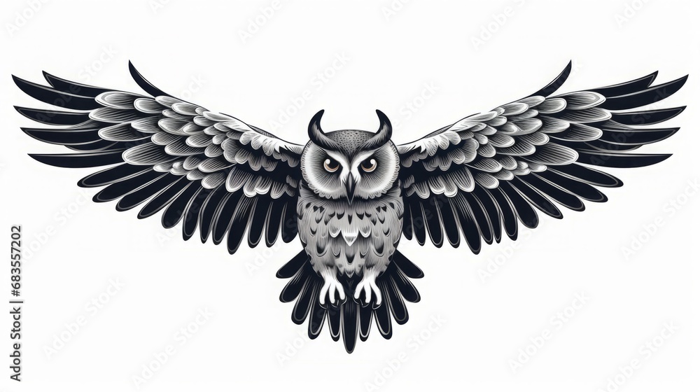 Obraz premium grey owl isolated on white background, linocut style, copy space, 16:9