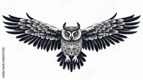 grey owl isolated on white background, linocut style, copy space, 16:9