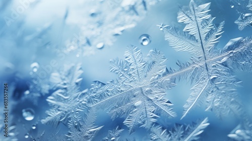 microscopic snowflakes, blue winter background, copy space, 16:9