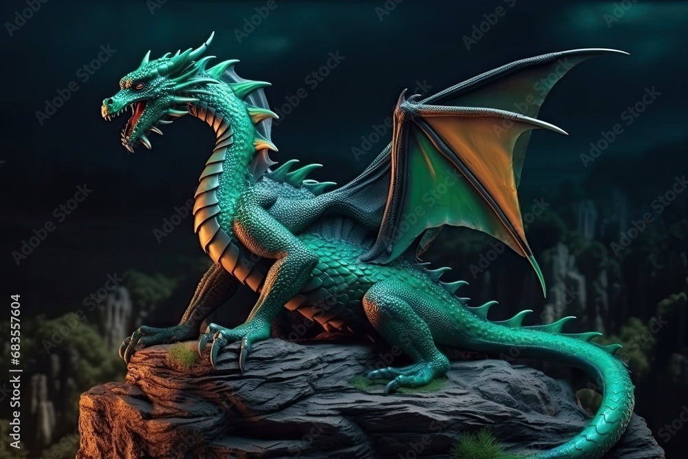 Obraz premium A large emerald dragon sits on a rock. Symbol of the Year 2024
