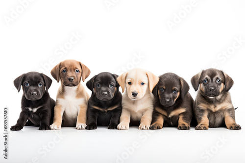 A group portrait of adorable puppies from different breeds, showcasing their curious and sweet nature.