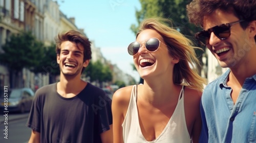 Three young people in trendy apparel laugh and smile in the streets of Nantes. Generative AI. © Natalia