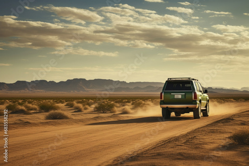 A truck driving down a dirt road in the desert. Generative AI. photo