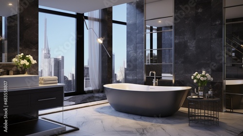 Luxury bathroom interior  large bathtub  large windows