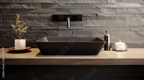 Black sink in luxury bathroom, modern home interior