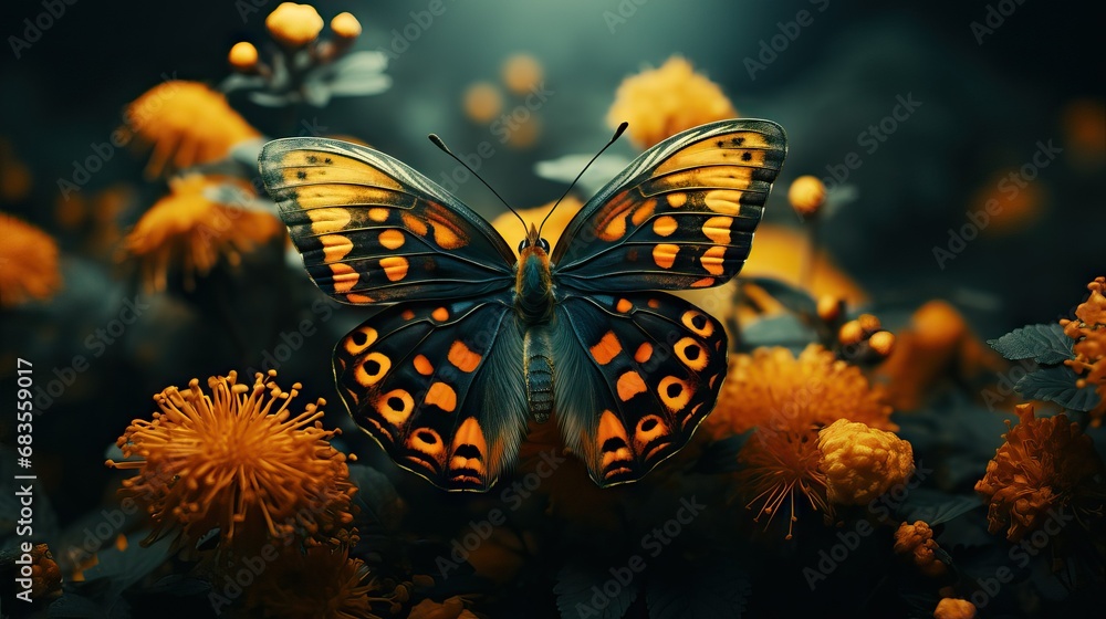 Obraz premium butterfly on a yellow flower, in the style of earthy color palette, 