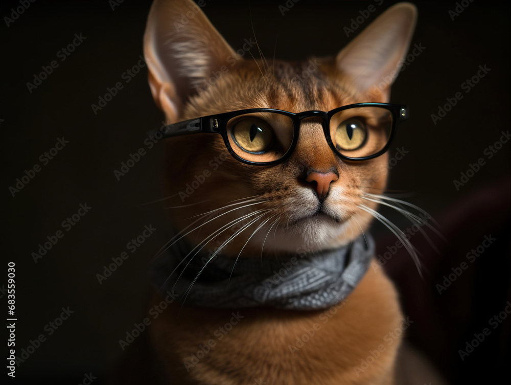 An elegant Abyssinian cat wearing glasses and a gray scarf looks thoughtfully somewhere beyond the camera. The soft bokeh and shadows on her muzzle add character and depth to the portrait