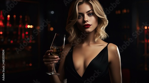 beautiful young lady with a nightclub dress, slight smile and a wine glass in her hand, 