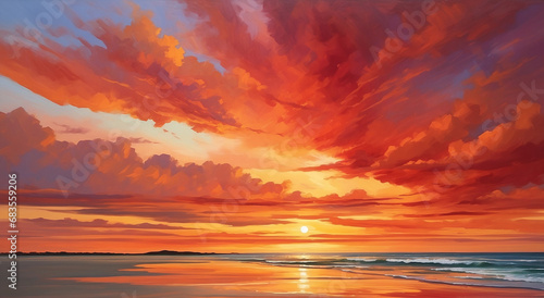 A vibrant sunset sky  painted with hues of fiery reds and oranges  cast a warm glow over the horizon - AI Generative