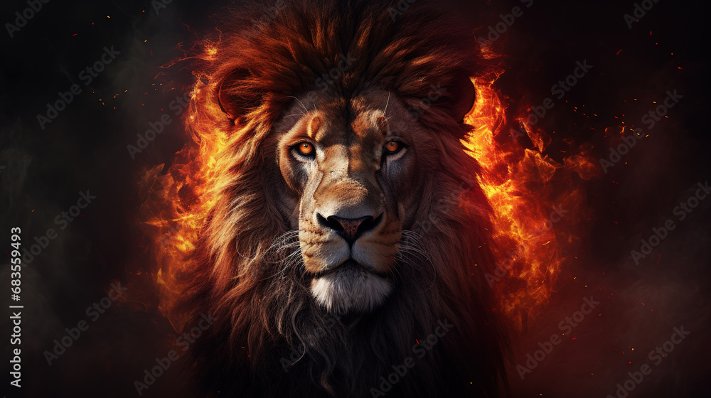 Lion king in fire, Portrait on black background, Wildlife animal. Danger concept