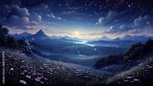 Celestial Wilds: Surreal Sky over Floral Hillscape. Seamless Looping Time-lapse Virtual Video Animation Background. photo