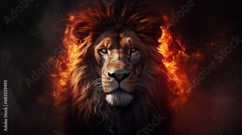 Lion king in fire  Portrait on black background  Wildlife animal. Danger concept