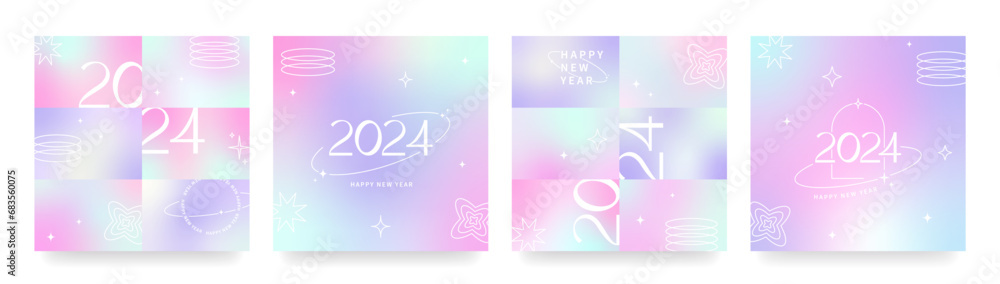 Happy New Year 2024 set square card covers, post templates design. Modern aesthetic gradient graphic backgrounds. Y2k trendy minimalist aesthetic. Pale pink, purple, blue vibrant colors. Happy New Year 2024 set square card covers, post templates design. Modern aesthetic gradient graphic backgrounds. Y2k trendy minimalist aesthetic. Pale pink, purple, blue vibrant colors.