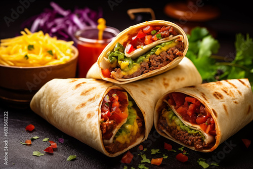 Burritos wraps with beef and vegetables on black background. Beef burrito, mexican food photo
