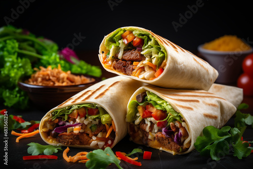 Burritos wraps with beef and vegetables on black background. Beef burrito, mexican food