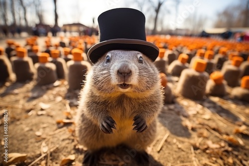Groundhog Day celebration, with Punxsutawney Phil emerging to predict the weather, an annual tradition in February, anticipating an early spring or extended winter