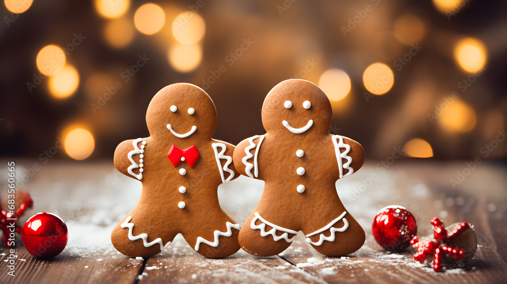 Gingerbread Buddies on Christmas Holiday Background. Happy Holidays! - Generative Ai