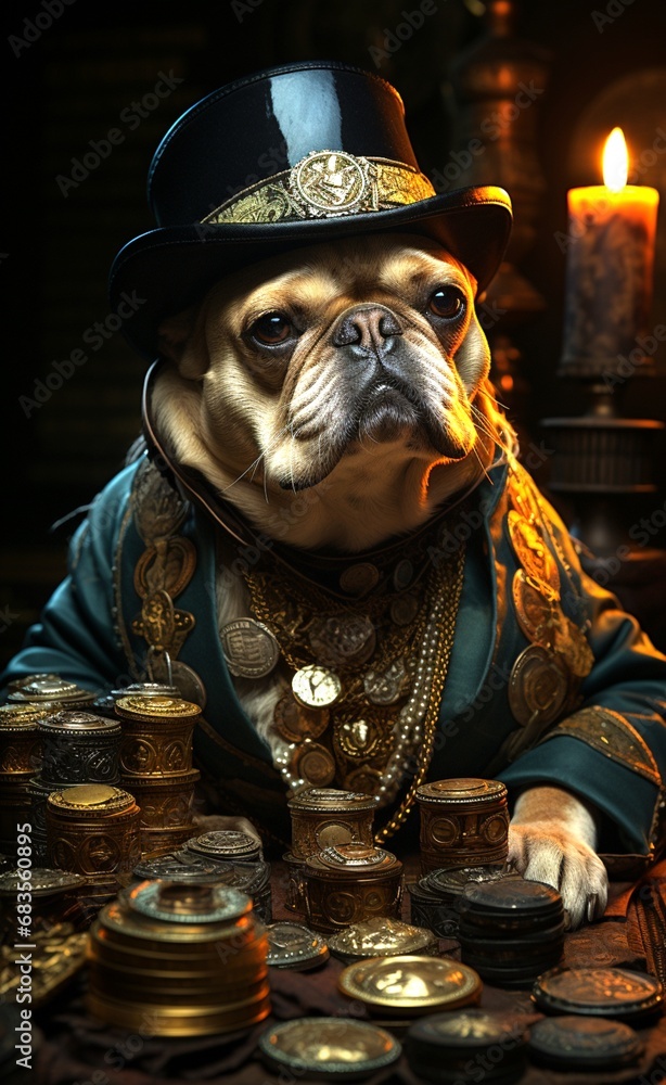 A rich bulldog in man clothes wearing a hat sitting on golden coins. Generative AI